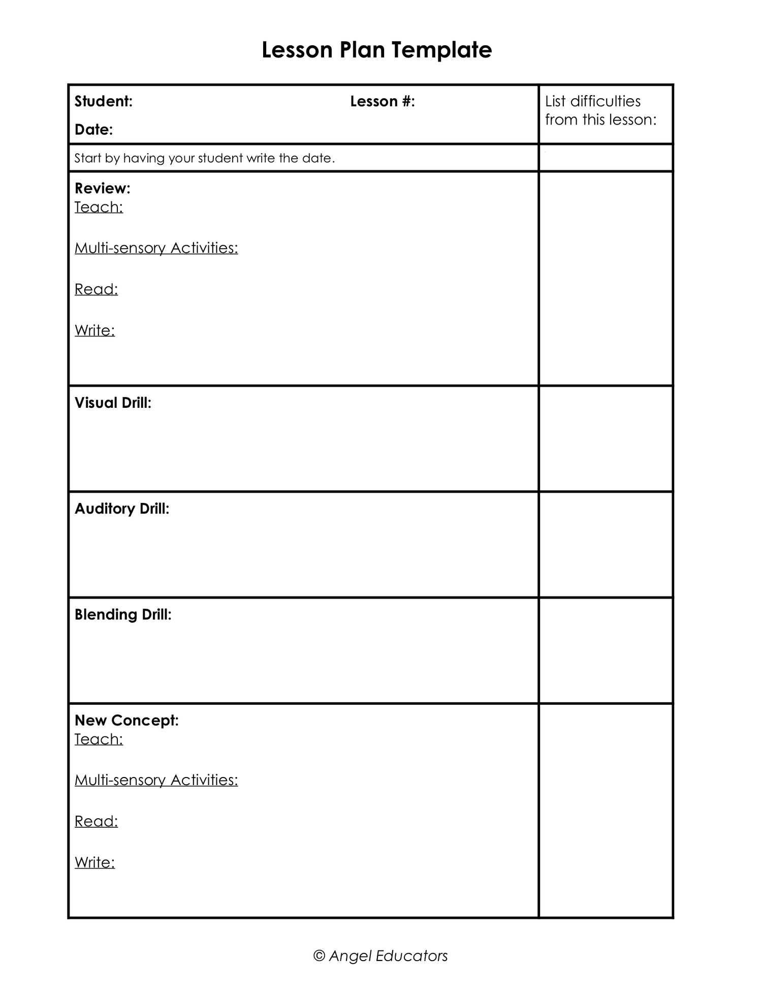 Free Lesson Plan Template – Angel Educators